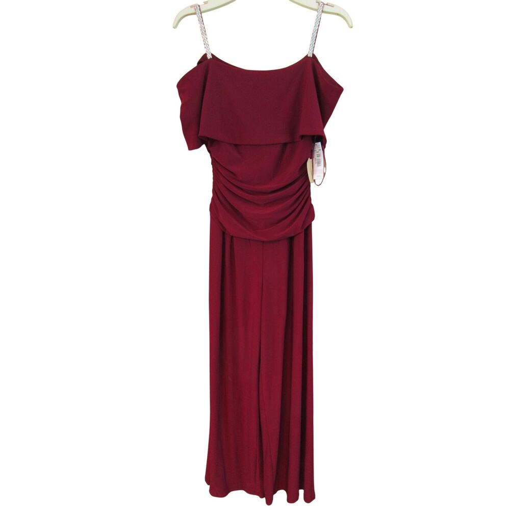 R & M Richards Red Jump Suit Rhinestone Straps Drape Top Rushing Style 5982 Prom